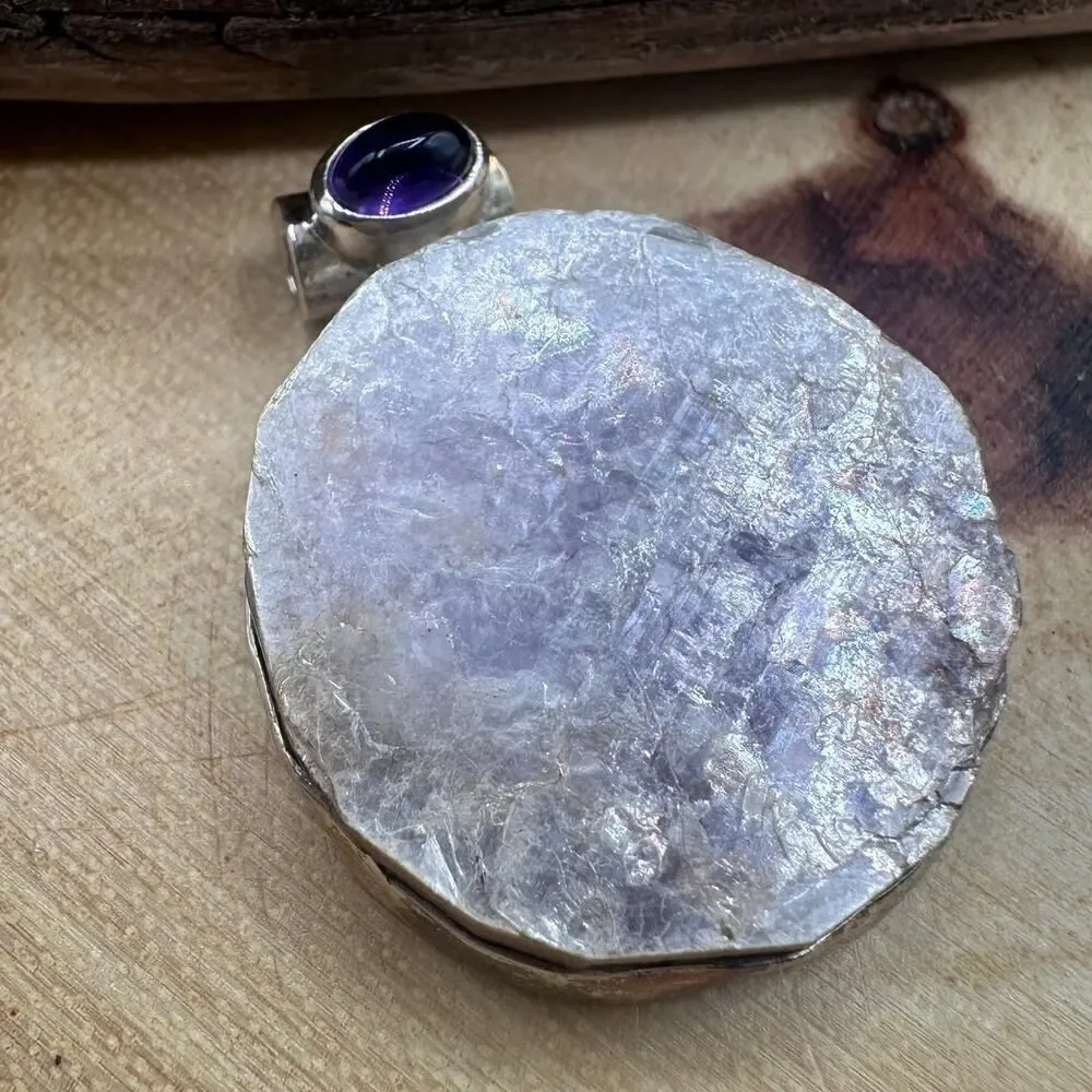Flashy Lepidolite Mica & Amethyst Sterling Silver Pendant